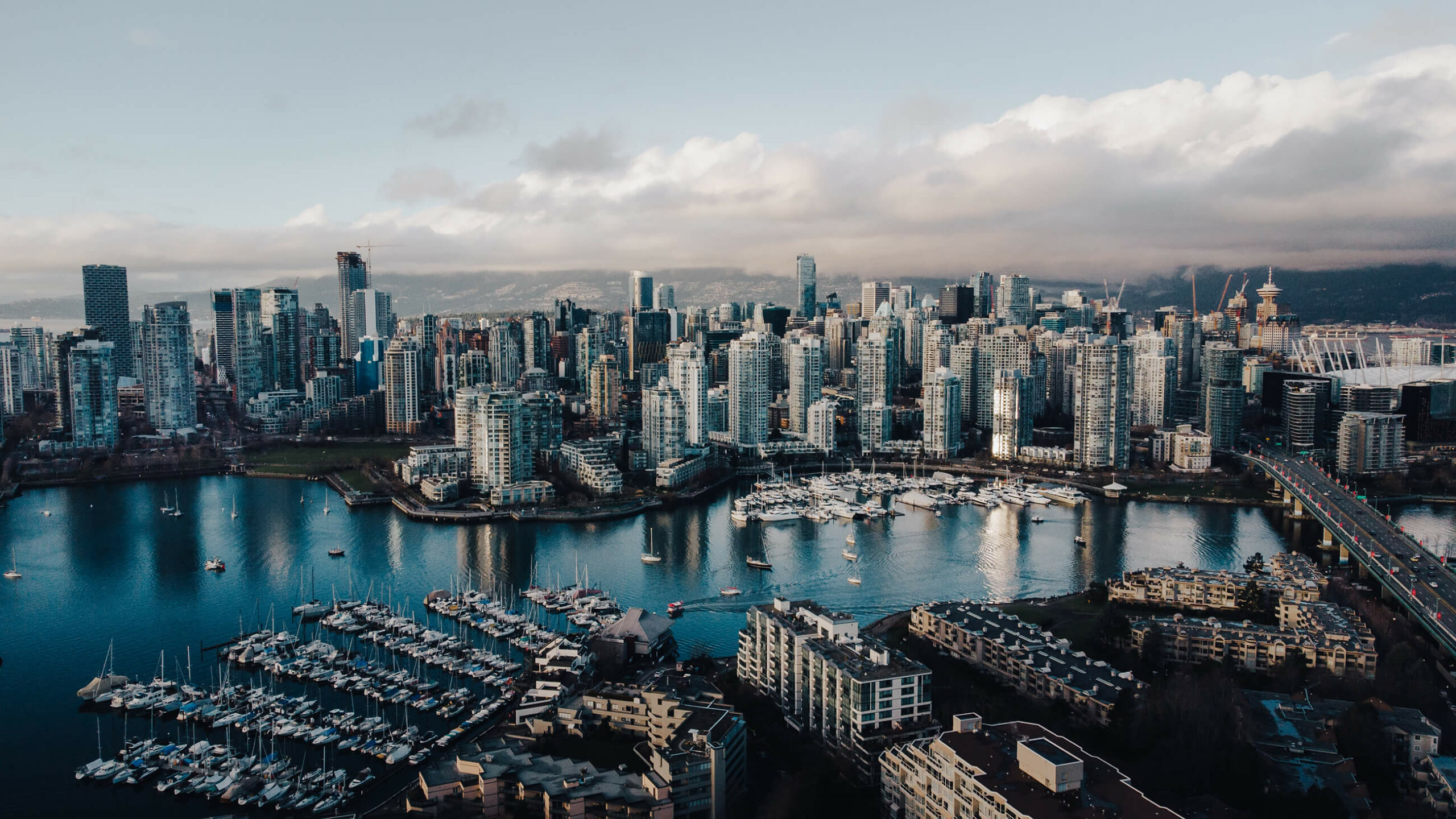 Drone photo of the Vancouver skyline from False Creek
